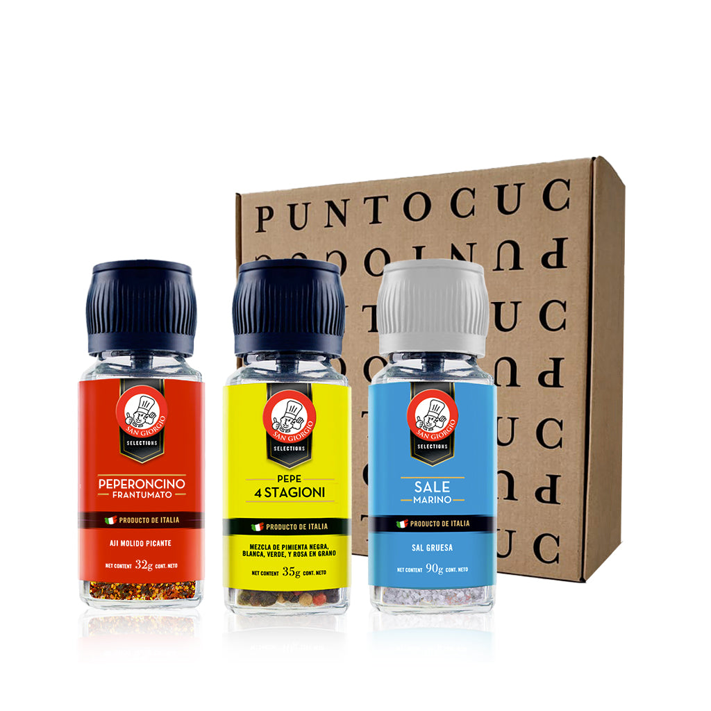 Caja molinillos especias sal pimienta peperoncino 